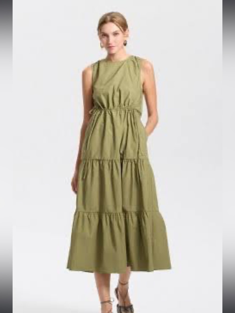 Universal Thread Olive Drawstring Tiered Midi Dress Size S